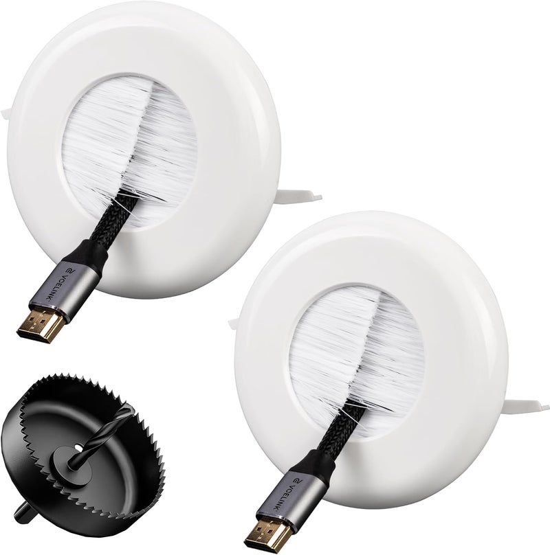 VCELINK Brush in Wall Cable Management Kit for Wall Mounted TV, Cord Hider for Low Voltage Cables Pass Through, Includes Hole Saw Drill Attachment and Mounting Brackets for Easy Install, White, 2-Pack - Image 1
